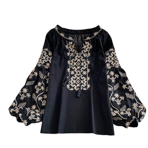 Retro Embroidered Puff Sleeve Shirt For Women
