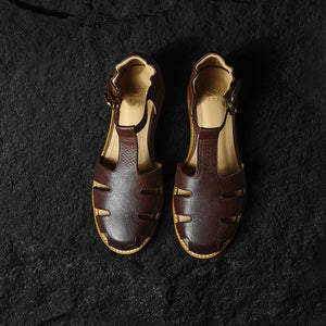 Retro Roman Closed Toe Leather Sandals, Premium Full Grain T-Strap Flats