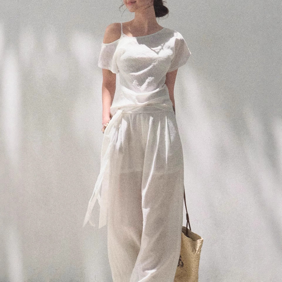 Linen Off-shoulder Short-sleeve Shirt Casual Set