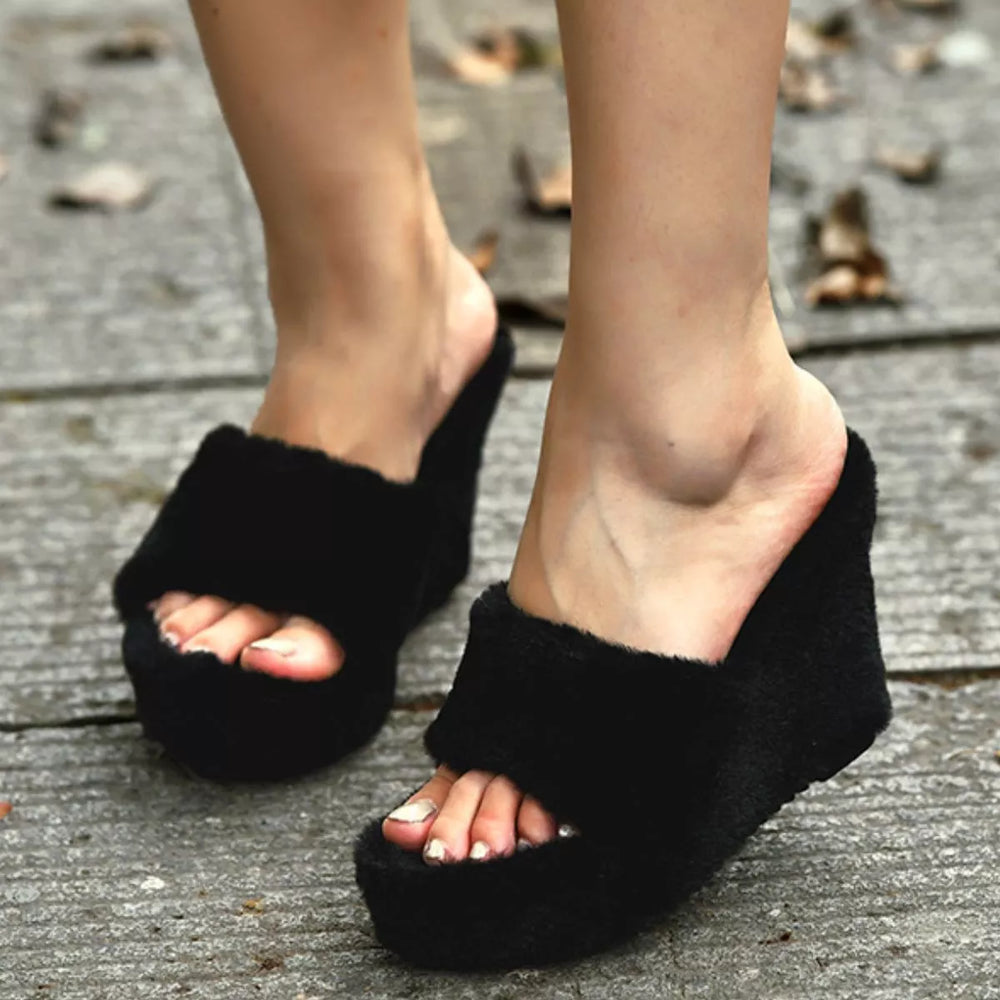 Fluffy Platform Wedge Slippers