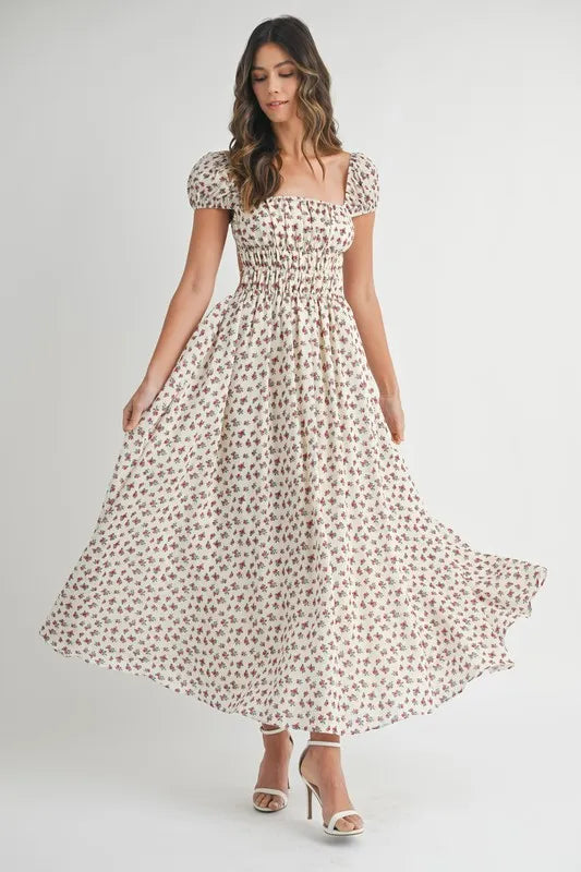 Mable Floral Print Puff Sleeve Gathered Midi Dress – MYN2O

