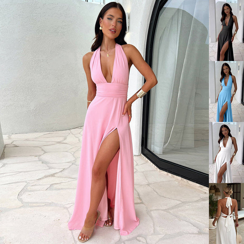 Sexy halterneck V-neck slit dress, backless summer strappy skirt, stylish evening wear for women