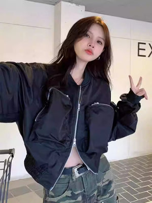 Casual Black Workwear-style Baseball Jacket Short Coat