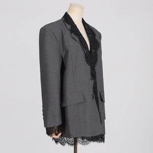 Lace-Panel Design Statement Long-Sleeve Structured Blazer For Women