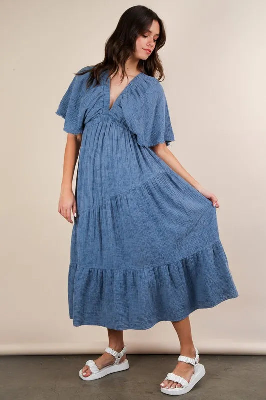 Very J Mineral Washed Elastic Neck Detail Midi Dress – MYN2O