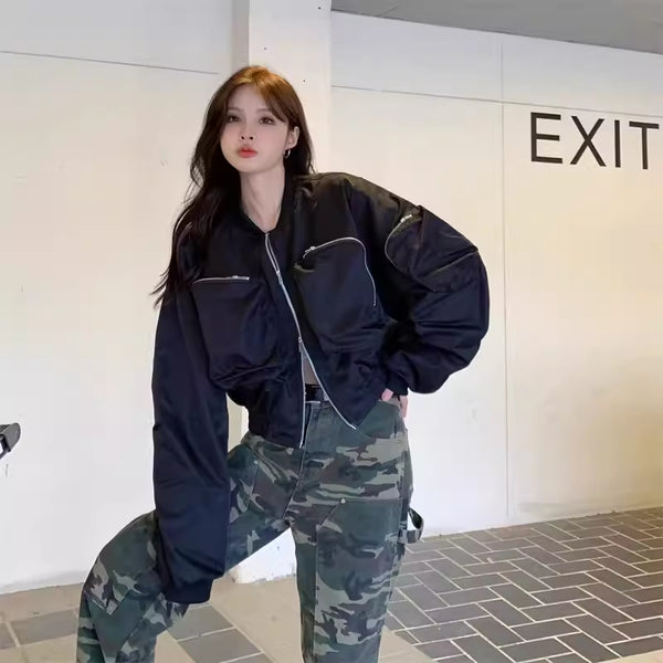 Casual Black Workwear-style Baseball Jacket Short Coat