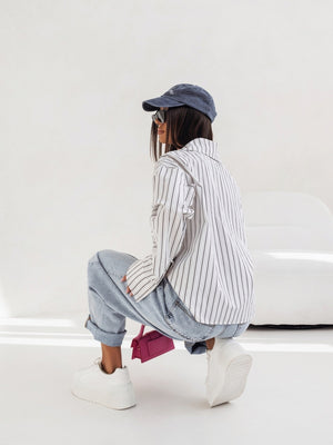 2026 NEW Women's Casual Stripes Shacket Button Down Long Sleeve Shirt Jacket Coats With Pockets