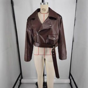 Turn-down Collar Short  Laced Brown Leather Jacket