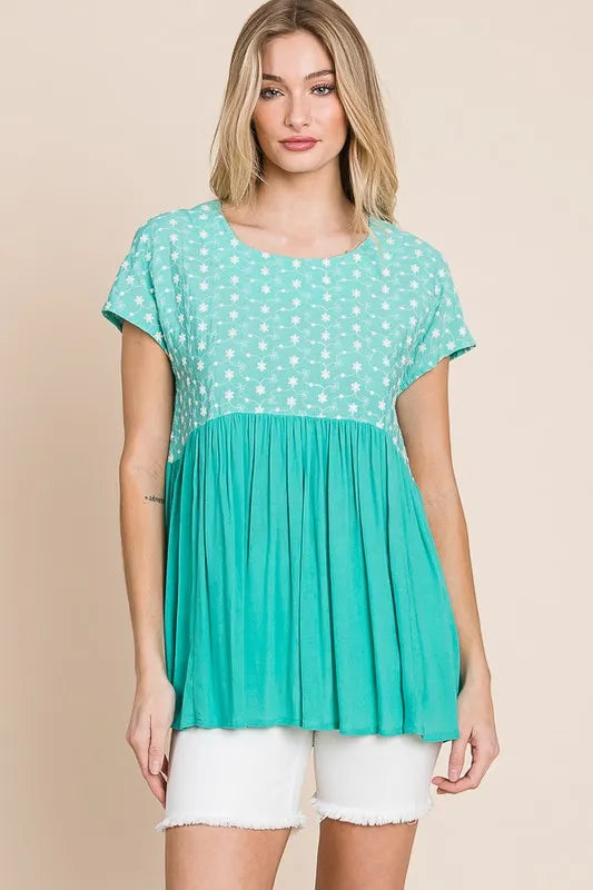 Lime N Chili Full Size Embroidered Short Sleeve Pleated Babydoll Top – Plus Size | MYN2O