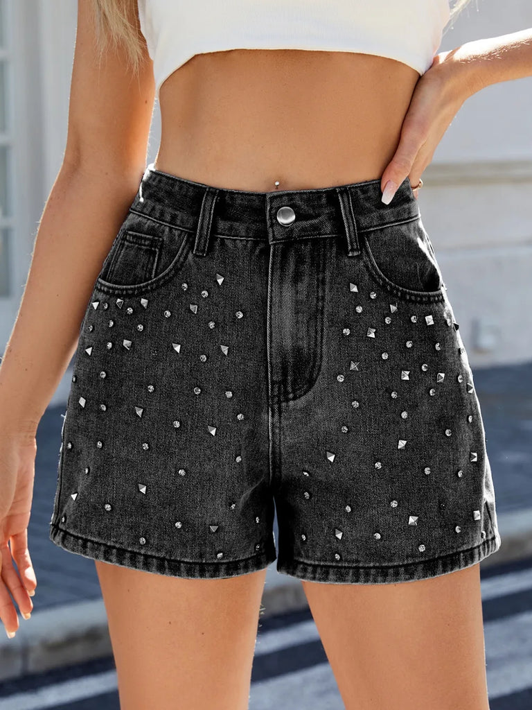 Rhinestone washed high waist denim shorts – sparkling summer fashion – MYN2O