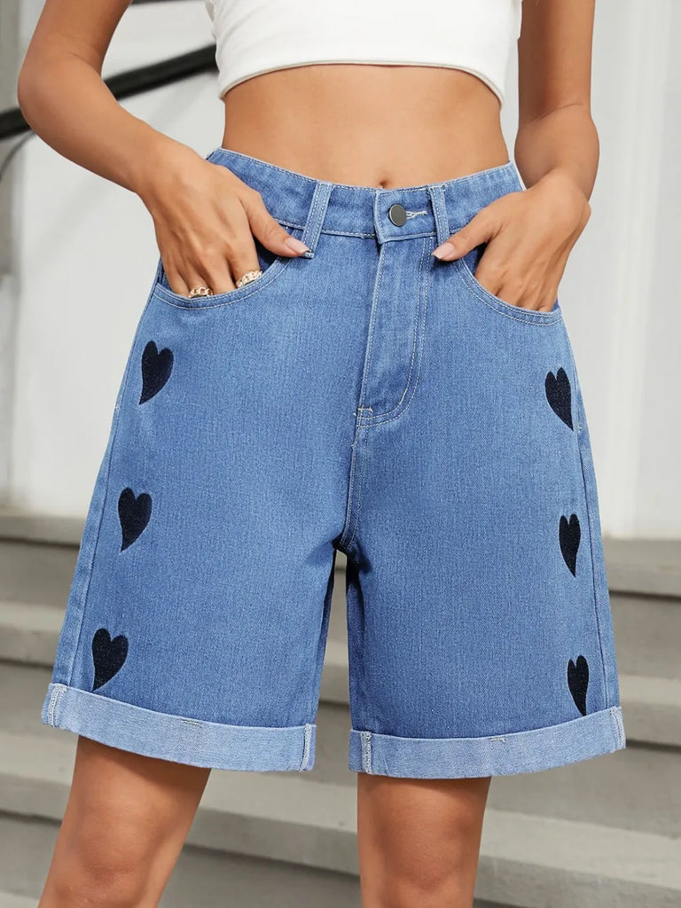 Heart Pattern Rolled Hem High Waist Denim Shorts – MYN2O