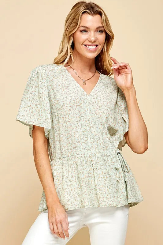 Lime N Chili Ditsy Print V-Neck Short Sleeve Wrap Blouse – MYN2O