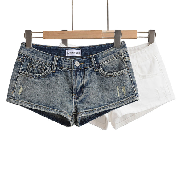 Figure-hugging Hot Pants Pocketed Washed Denim Shorts