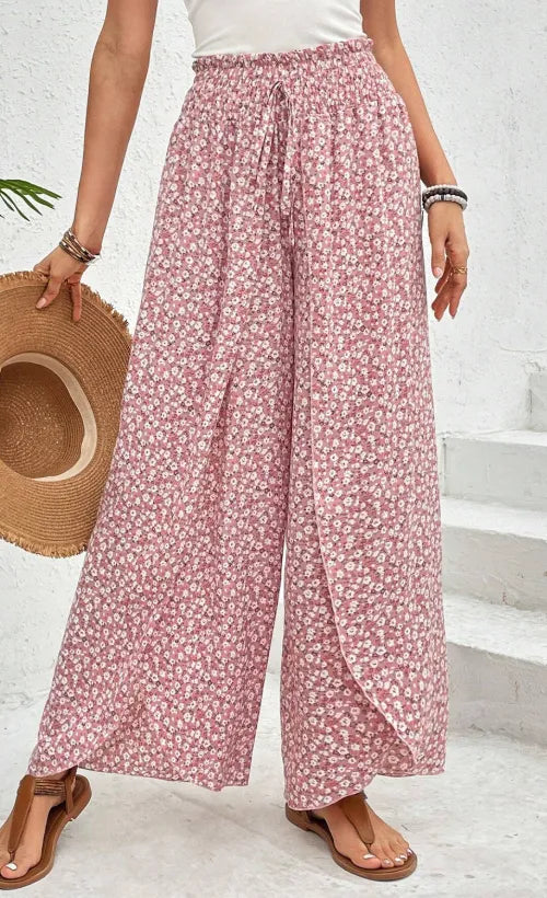 Slit printed wide leg pants – flowing boho summer fashion – MYN2O