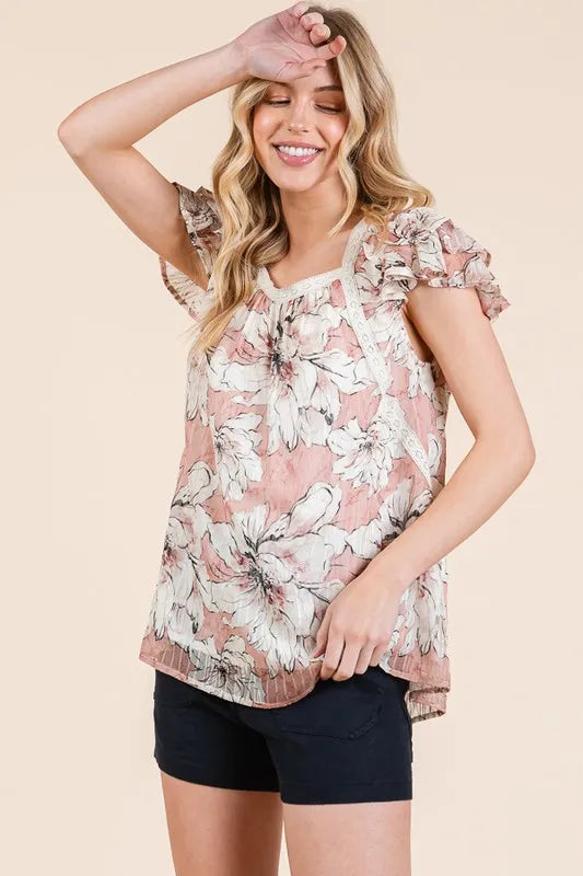 Lime N Chili Floral Print Lace Trim Ruffle Cap Sleeve Top – MYN2O
