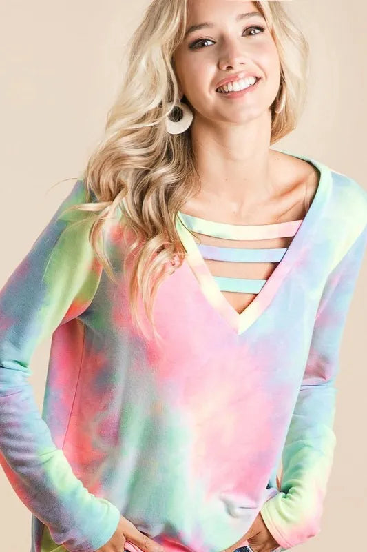 BIBI Tie-Dye French Terry V-Neck Top with Strapped Detail – MYN2O

