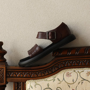 Women's Washed Full Grain Leather Platform Sandals, Two Strap Buckle Flat Shoes