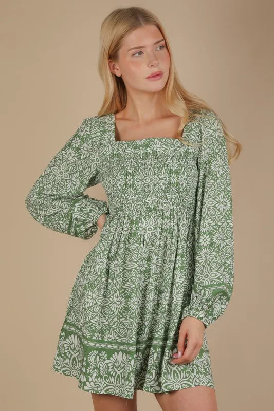 VERY J Printed Smocked Chest Boho Mini Dress – MYN2O

