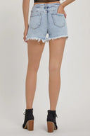 RISEN high rise denim shorts with rhinestone strap embellishments – glam summer style – MYN2O