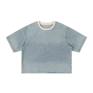 Unisex Vintage Wash Raw Hem Denim T-Shirt – Oversized Boxy Streetwear Denim Tee