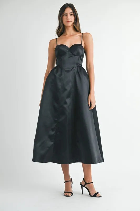 MABLE Solid Taffeta Spaghetti Strap Bustier Midi Dress – MYN2O

