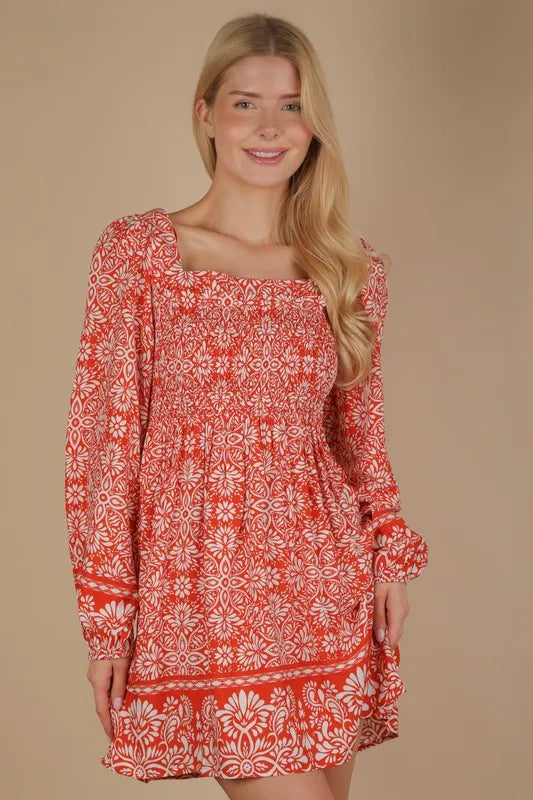 VERY J Printed Smocked Chest Boho Mini Dress – MYN2O