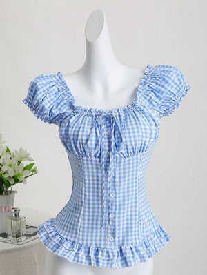 Plaid Cinched-waist Versatile Top For Women