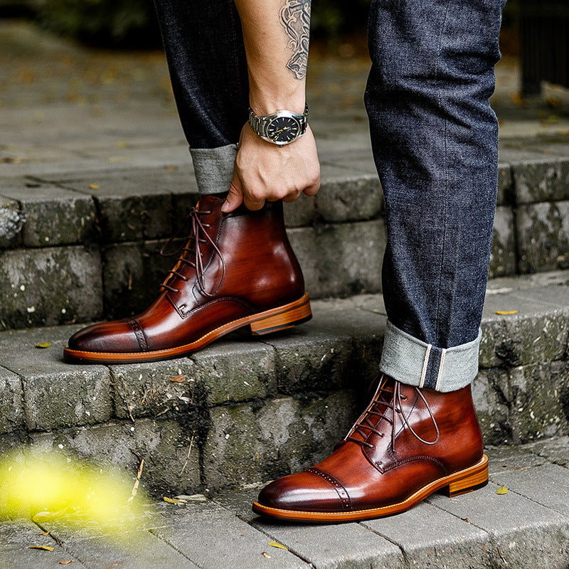 Men's high-top cowhide leather boots with British lace-up style