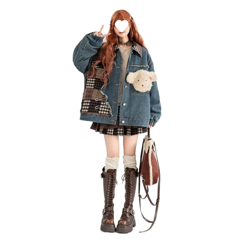 Patch Color Block Denim Coat Women's Clothing American Retro