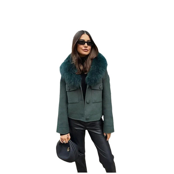 Elegant Single-Breasted Vintage Fur-Trimmed Flight Jacket For Women