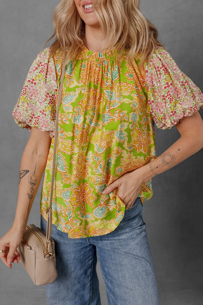 Multicolor Printed Contrast Bubble Sleeve Patchwork Blouse – MYN2O