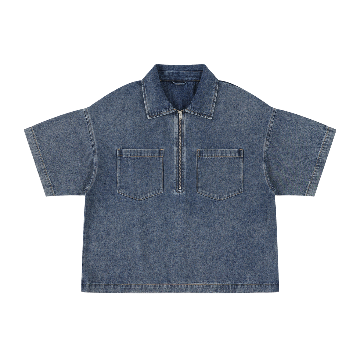 Unisex Oversized Vintage Wash Quarter Zip Denim Shirt – Boxy Streetwear Pullover