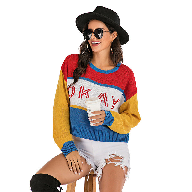 Color Matching Knitted Short Base Sweater Women