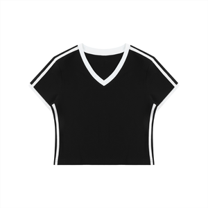 Women's Retro Binding V-Neck Crop T-Shirt – Slim Fit Vintage Crop Top