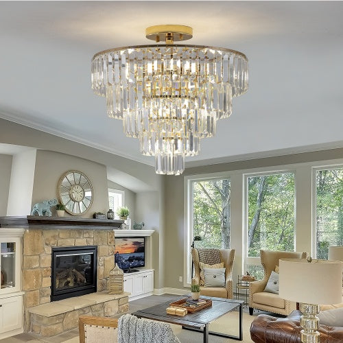 Golden Crystal Chandelier, 5-layer Round Semi-recessed Chandelier Lamp