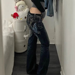Butterfly-embroidered Low-rise Jeans Womens Y2K Vintage Style