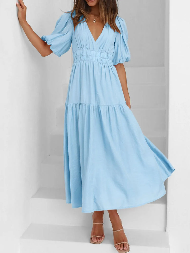 V-Neck Puff Sleeve Midi Dress – Feminine Elegant Fit | MYN2O