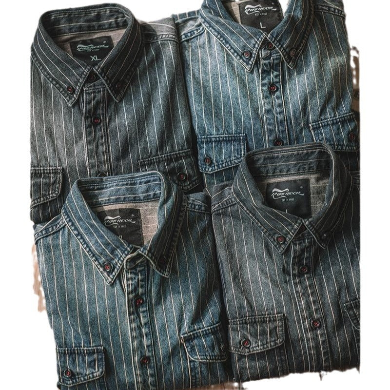 Men’s vintage vertical stripes denim shirt – workwear, washed, long sleeve by MYN2O