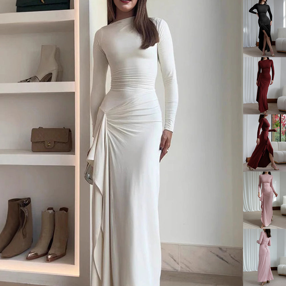 Slim-fitting Long-sleeved Asymmetric Split Dress Ins Fashion Solid Color Long Dresses For Women - MYN2O.COM  - null - Women Clothing - product_vendor - #product_price