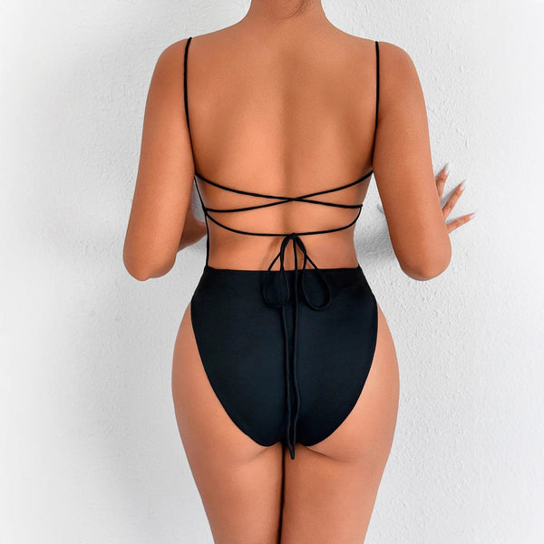 Women's Solid-Colored Lace-Up Bodycon Jumpsuit