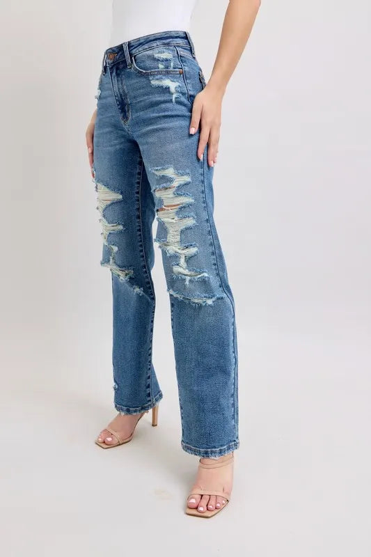 Judy Blue plus-size high waist heavy destroy straight jeans with bold distressing – MYN2O