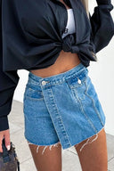 Raw hem high waist denim skorts with pockets – casual summer look – MYN2O