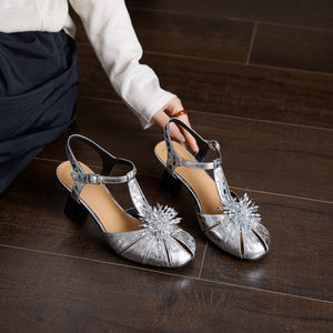 Women's Genuine Leather Mary Jane Heeled Sandals, Crystal Embellished T-Strap Closed-Toe Pumps