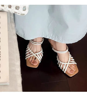 Retro Vacation Style Woven Hollow Wedge Heel Slide Sandals For Women, Open Toe Square Toe Single Strap Roman Sandals Outdoor Wear