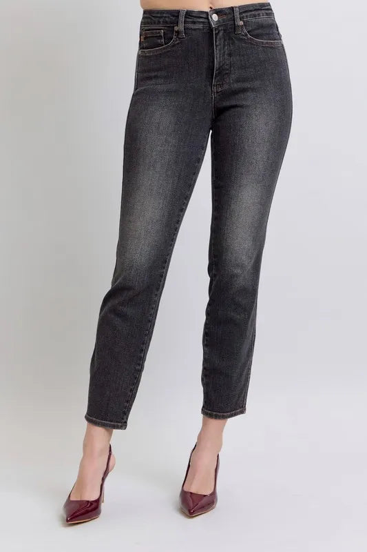udy Blue plus-size mid-rise tummy control slim jeans in dark wash – MYN2O