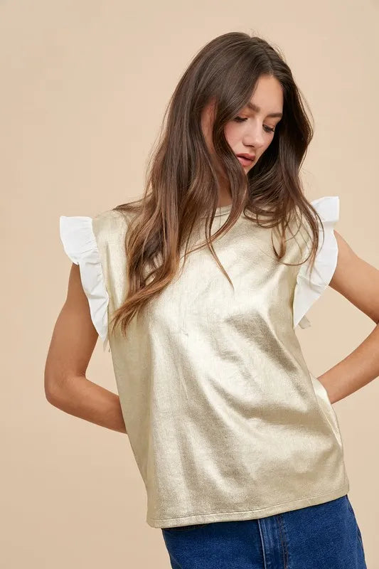 Annie Wear Mix Media Metallic Knit Ruffle Sleeve Top – MYN2O

