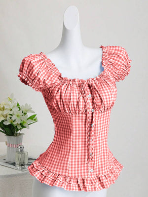 Plaid Cinched-waist Versatile Top For Women