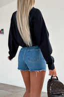 Raw hem high waist denim skorts with pockets – casual summer look – MYN2O