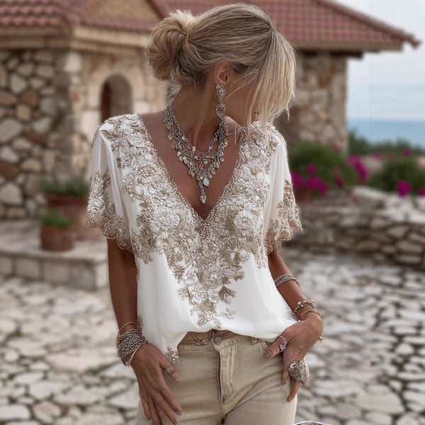 Womens V neck 3D printed Short sleeve Top With An Elegant  Artistic  And Vintage Vibe