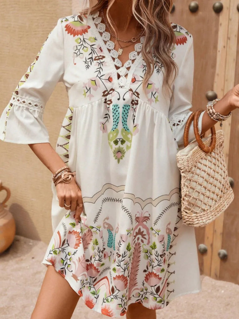 Lace Detail Printed Three-Quarter Sleeve Dress – MYN2O